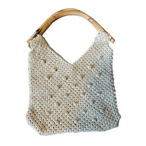 Mister Ernest Vintage 1970’s Wooden Handled Ivory Macrame Shoulder Bag
